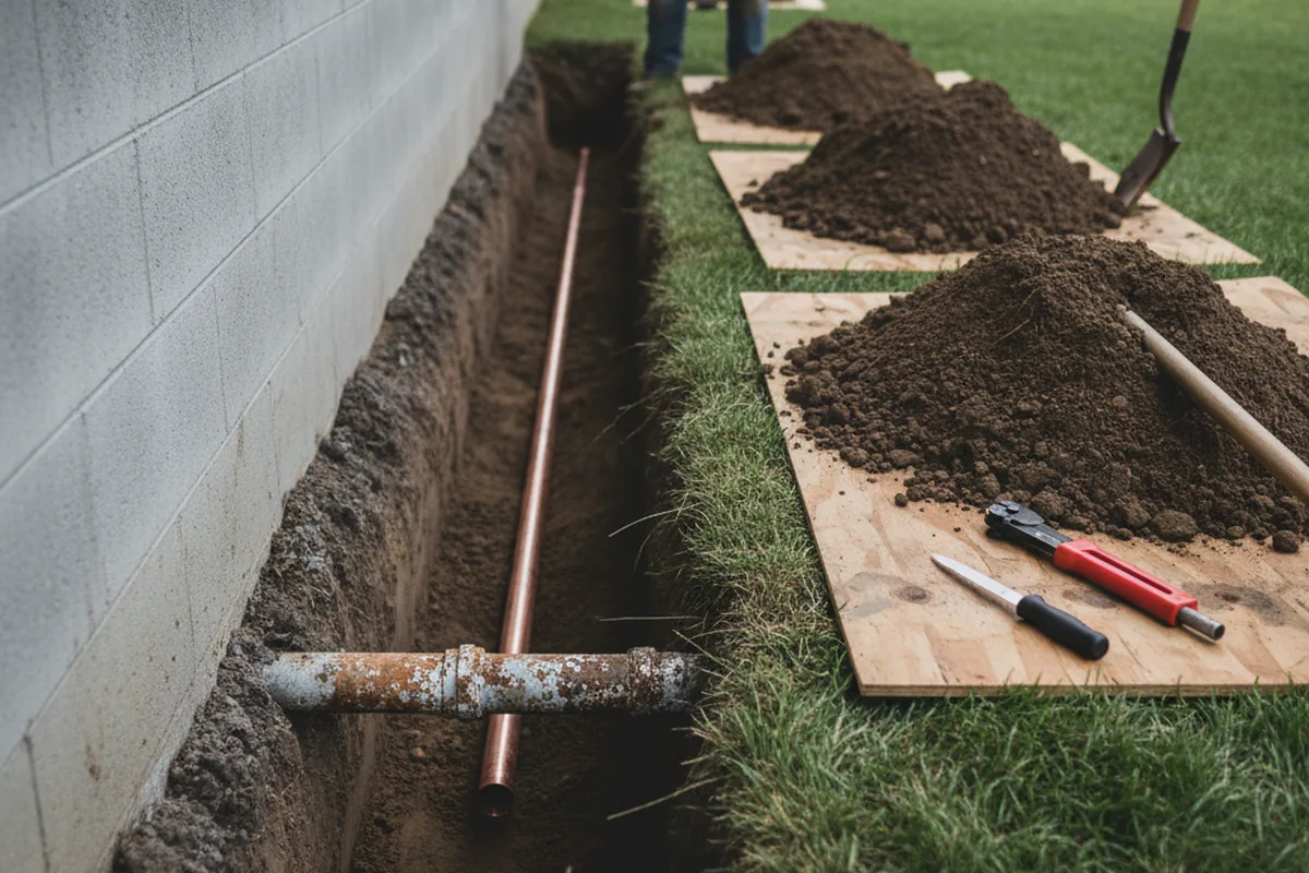 Excavated water line trench during Water Softener Installation in Arverne